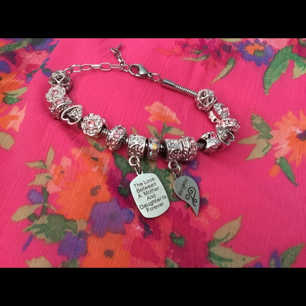 3/ $12  💖 Mother and Daughter S. Steel Pink Crystal Charm Bracelet GUC  💖 - Picture 2 of 4